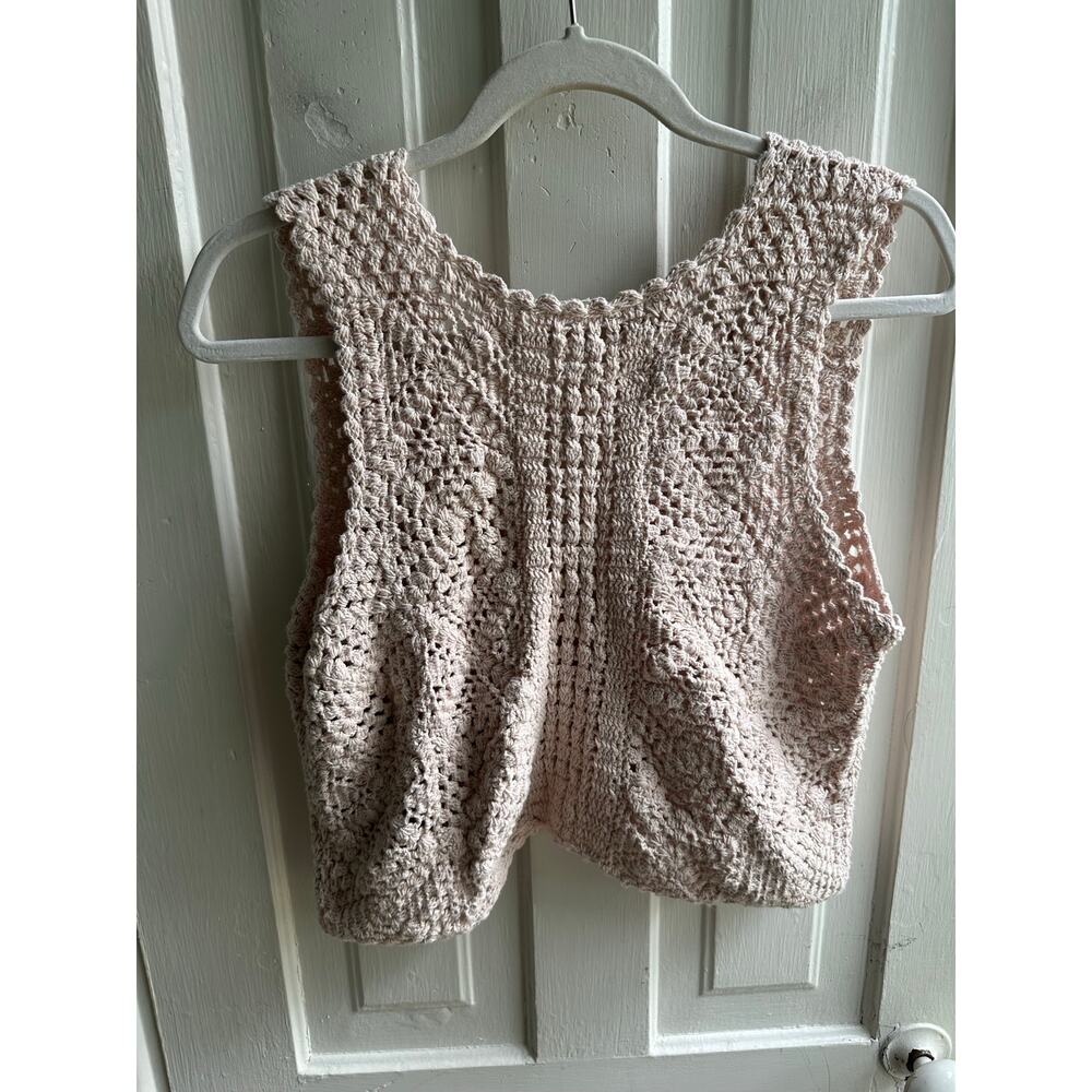Lucky Brand Boho Crochet Tie-Front Cardigan Sweater Vest Pink Cotton Size M - Picture 4 of 9